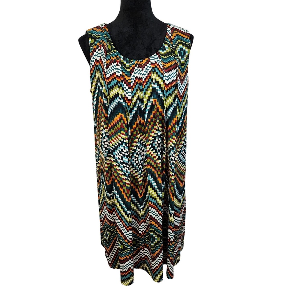 RONNI NICOLE Size 12 Multicolor Geometric Stretch Knit Pleated Shift Dress
